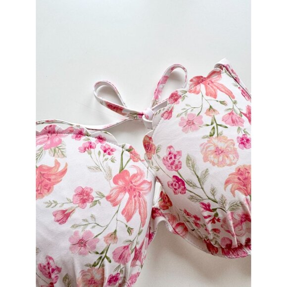 H&M White Pink Floral Scalloped 2pc Halter Bikini Set, Size 36D/10 - Picture 3 of 12